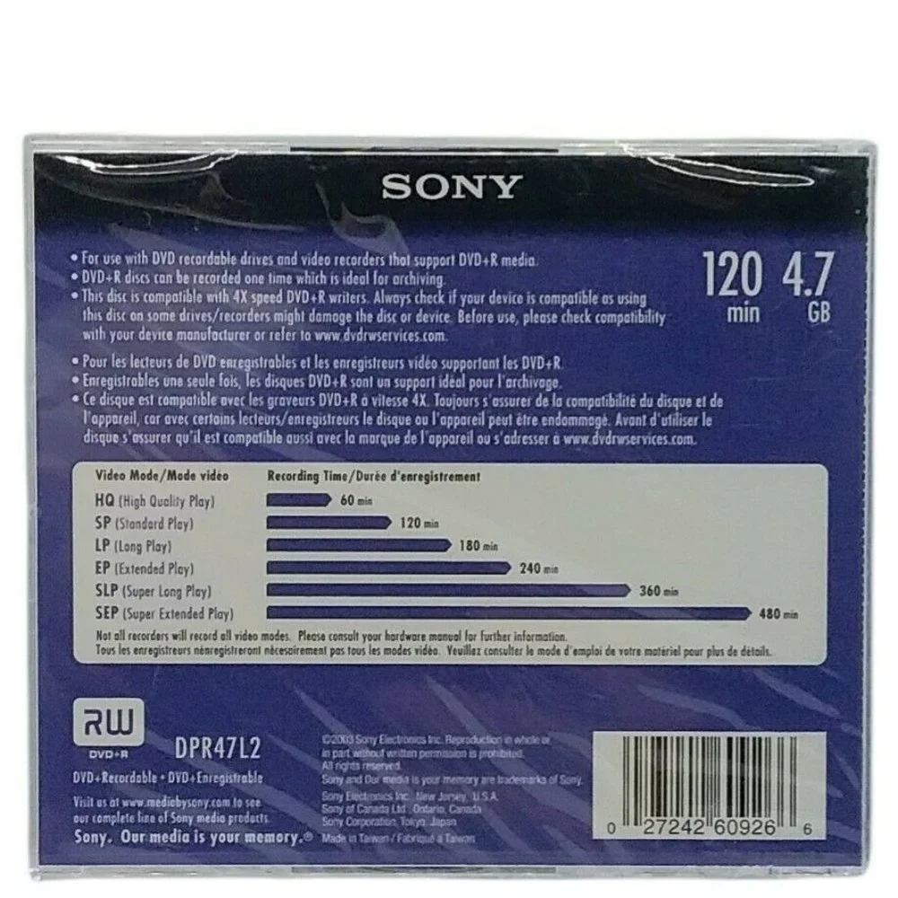 Sony DVD+R 4.7GB 120min 1x-4x Speed Recordable Disc DPR47L2 New Sealed 6 Pack